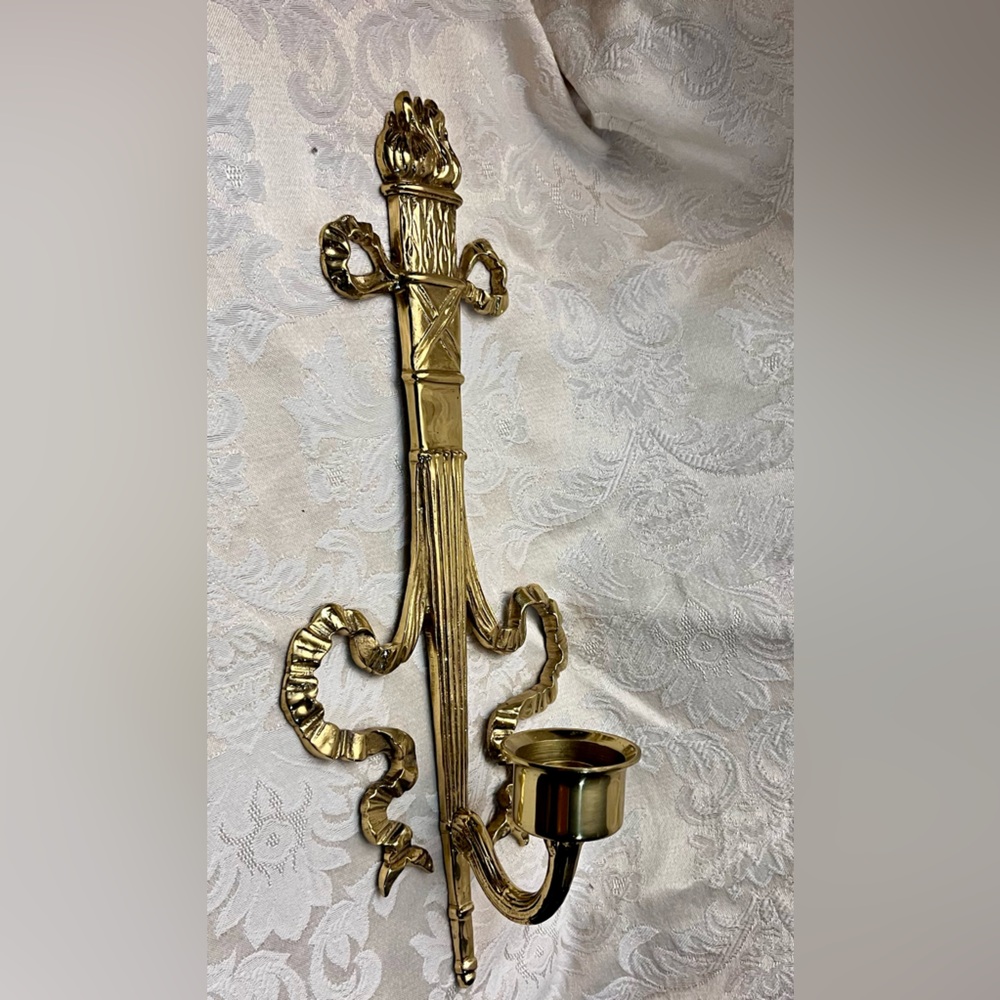 Vintage Brass Torch & Ribbon Wall Candle Sconce Hollywood Regency 14"